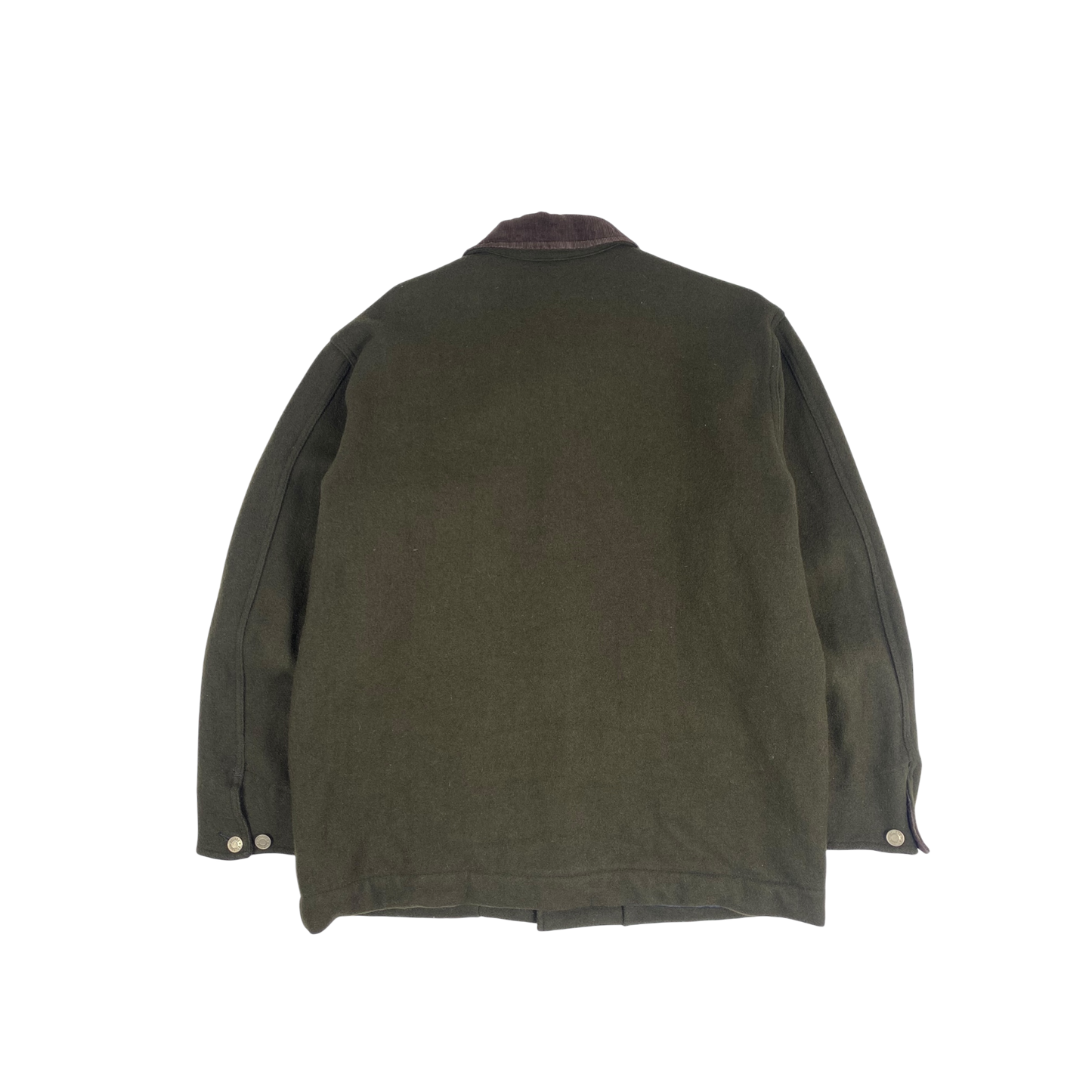 olive green Stüssy jacket features a dark brown corduroy collar