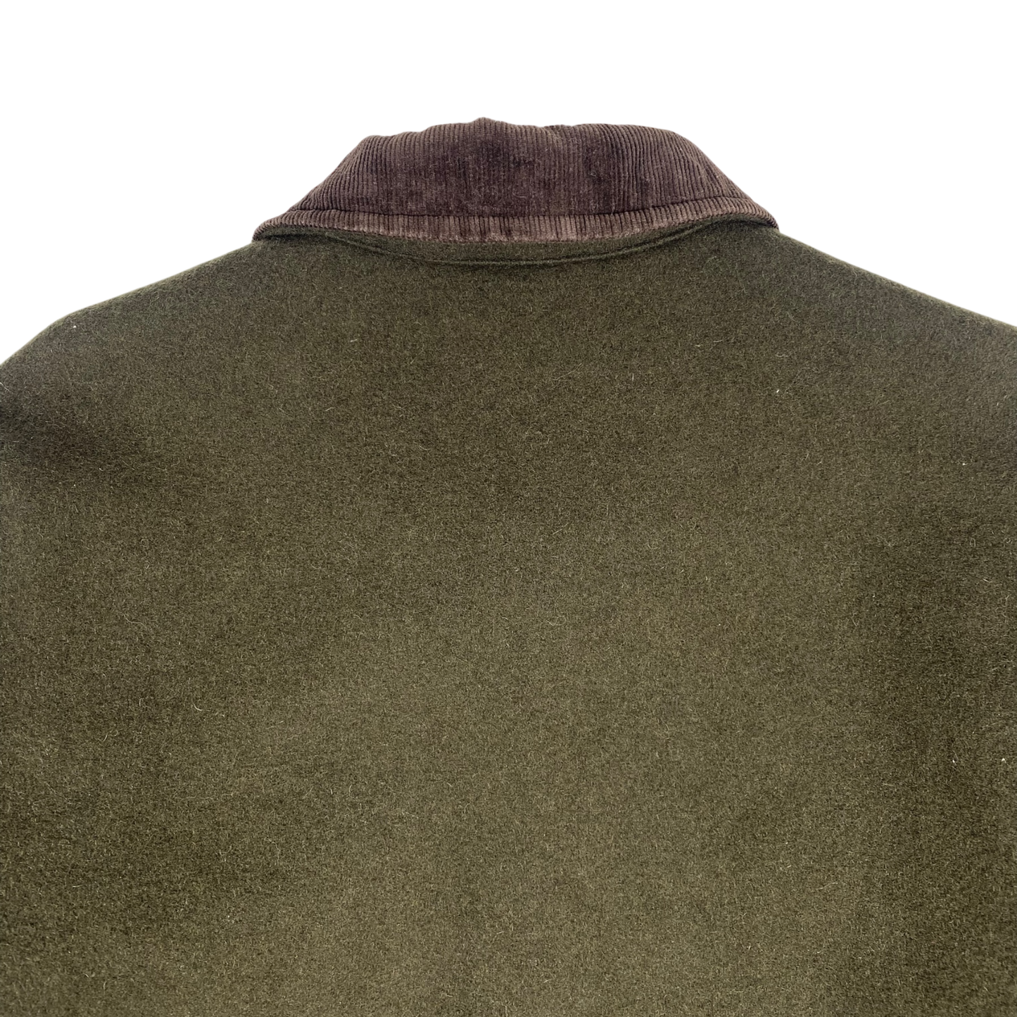 olive green Stüssy jacket features a dark brown corduroy collar