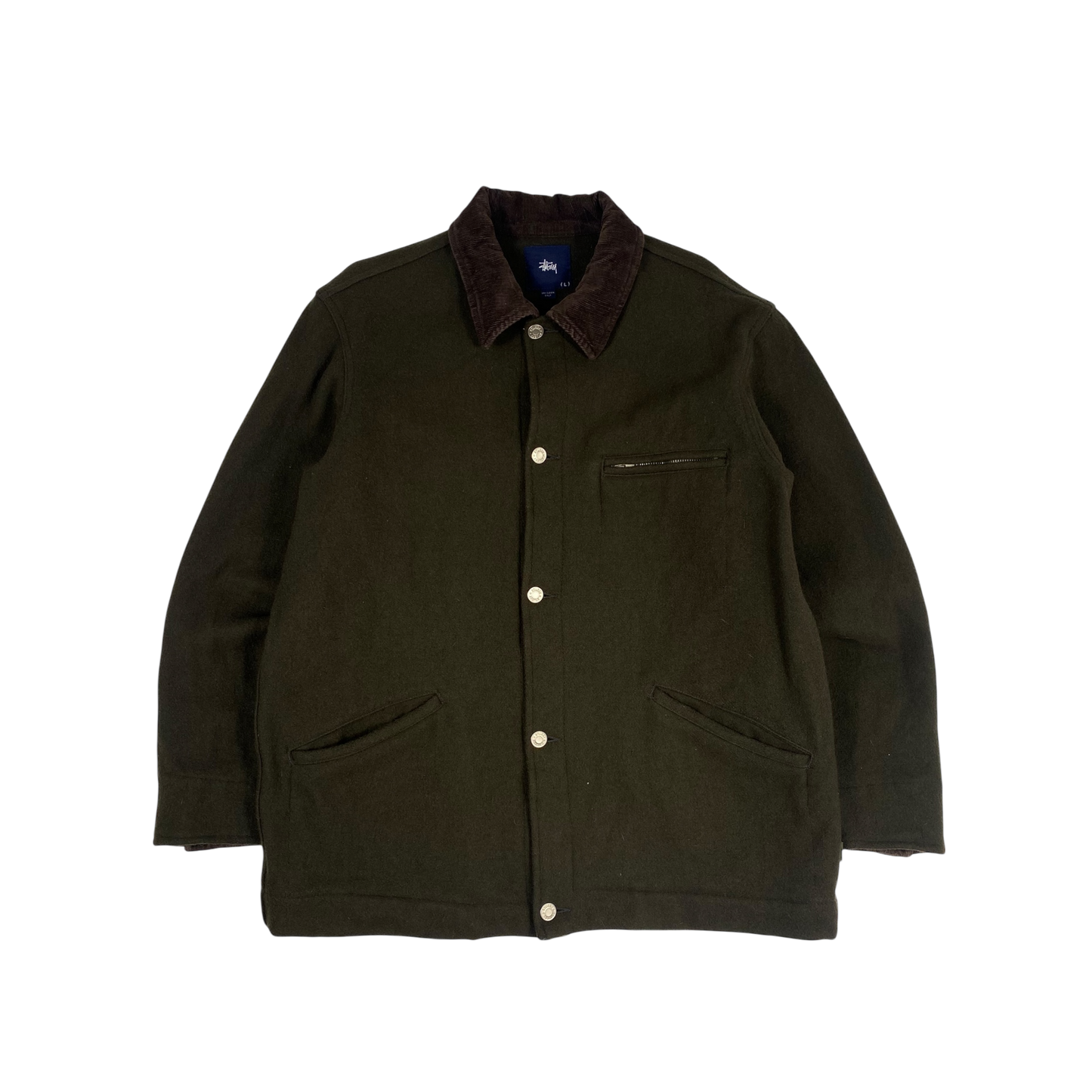 olive green Stüssy jacket features a dark brown corduroy collar